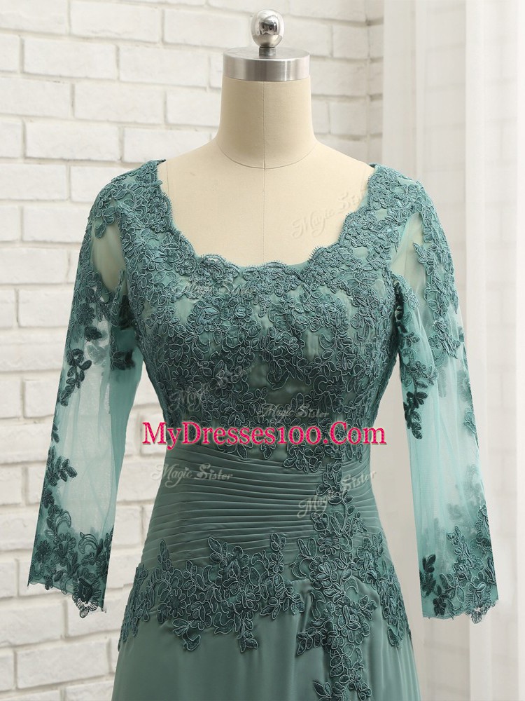 Top Selling Green Column/Sheath Lace and Appliques and Ruching Mother Of The Bride Dress Zipper Chiffon Long Sleeves Floor Length