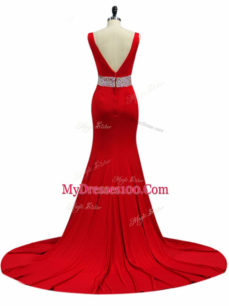 Cute Wine Red Zipper V-neck Beading Prom Dress Elastic Woven Satin Sleeveless Brush Train