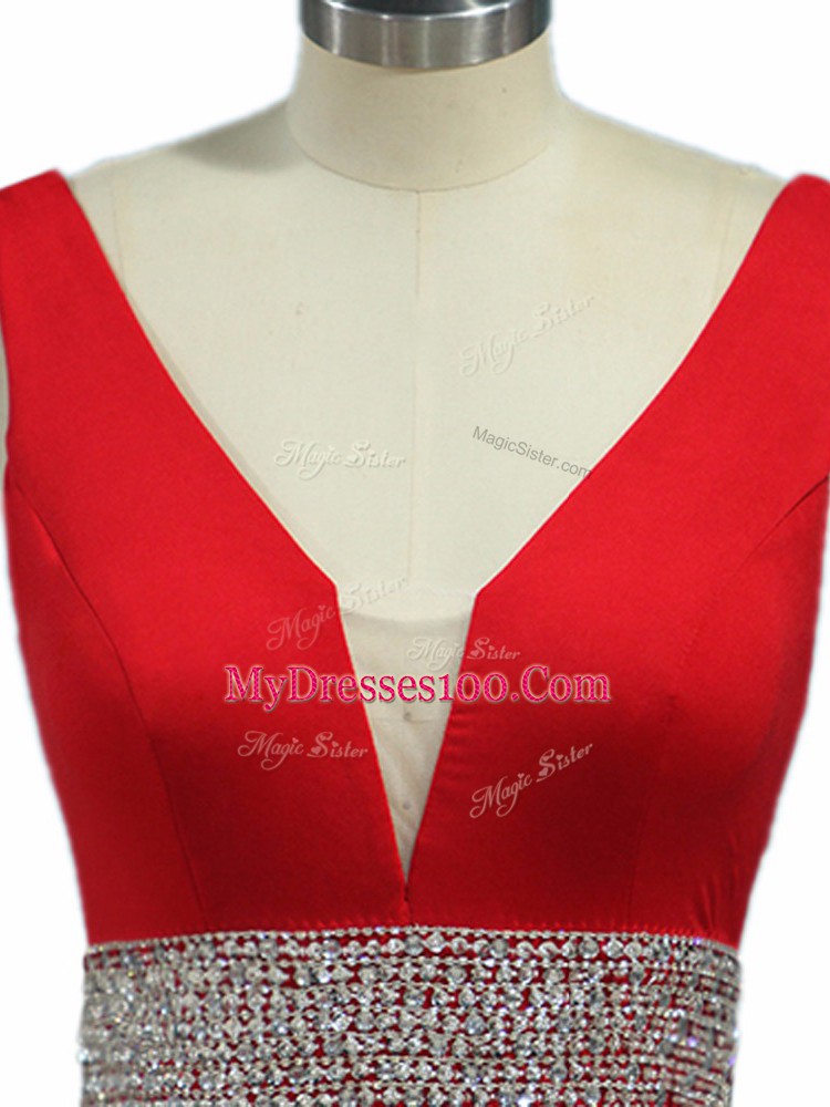 Cute Wine Red Zipper V-neck Beading Prom Dress Elastic Woven Satin Sleeveless Brush Train