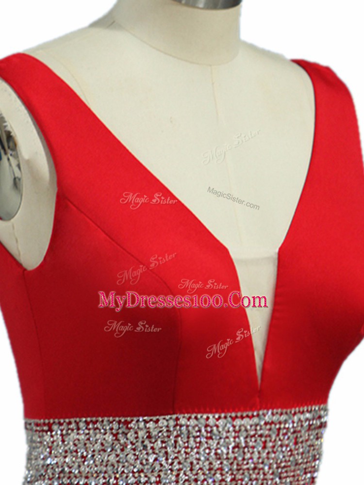 Cute Wine Red Zipper V-neck Beading Prom Dress Elastic Woven Satin Sleeveless Brush Train