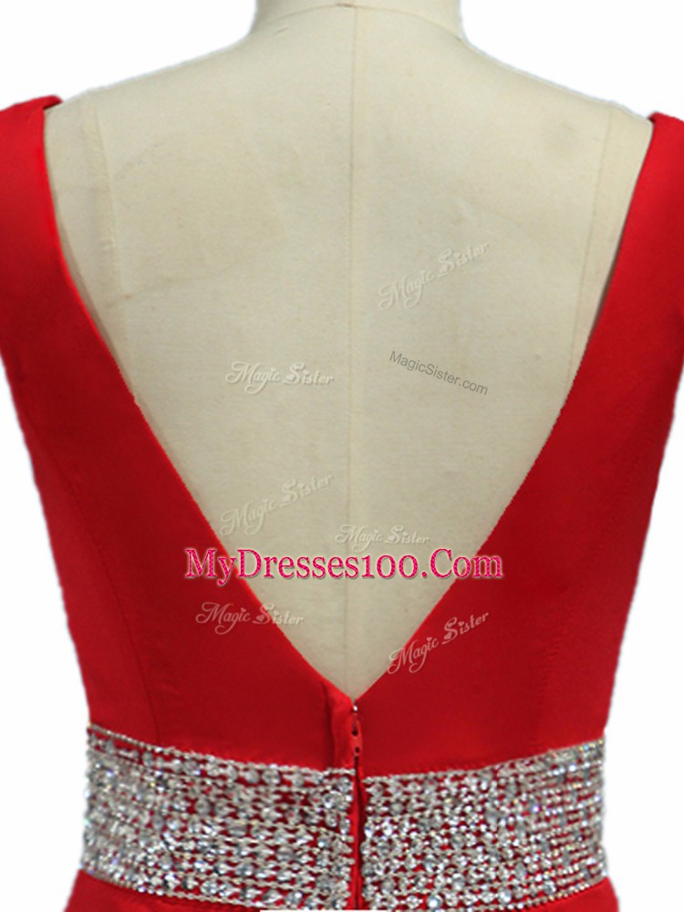 Cute Wine Red Zipper V-neck Beading Prom Dress Elastic Woven Satin Sleeveless Brush Train