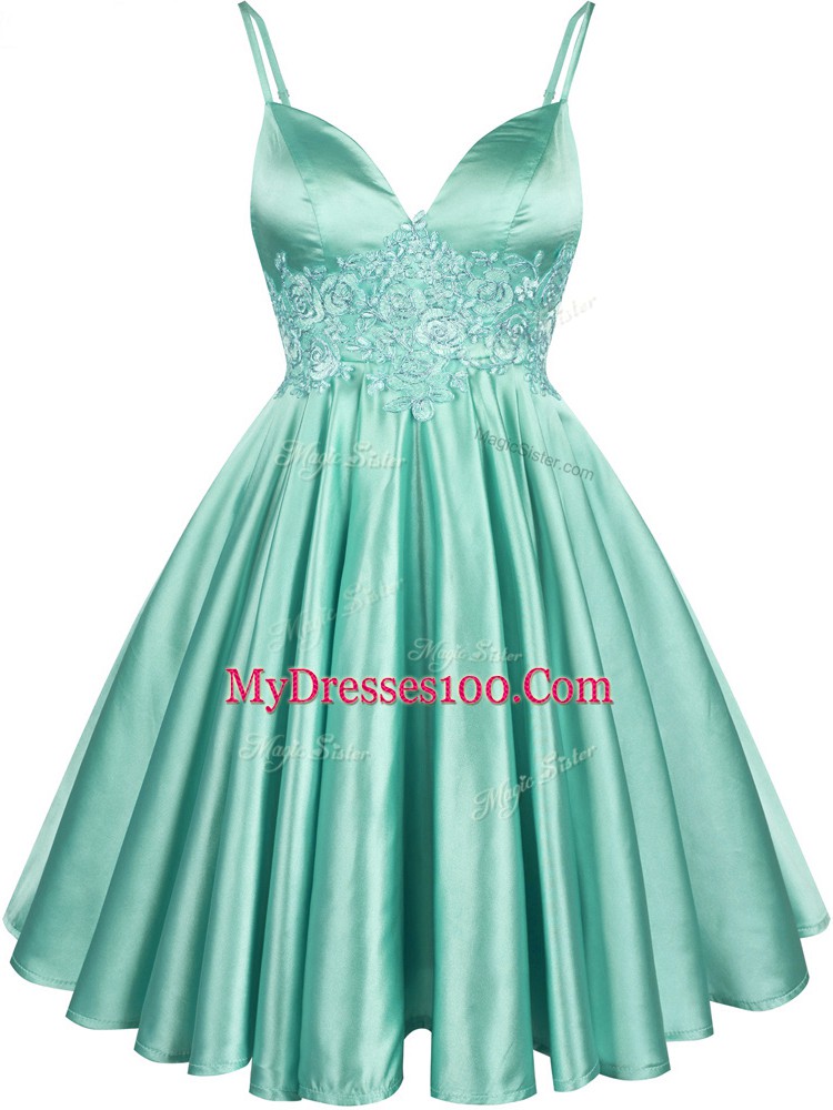 Enchanting Apple Green Elastic Woven Satin Lace Up Damas Dress Sleeveless Knee Length Lace