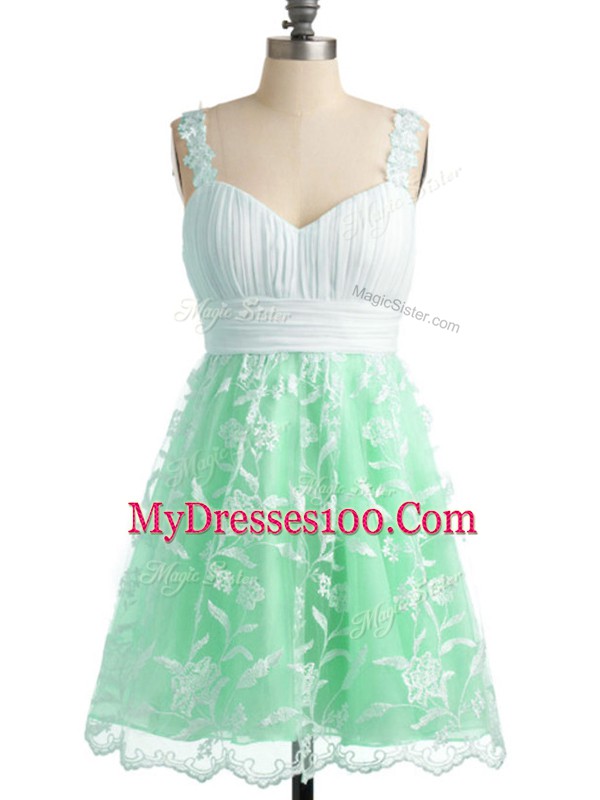 Lovely Knee Length Apple Green Bridesmaid Gown Lace Sleeveless Lace