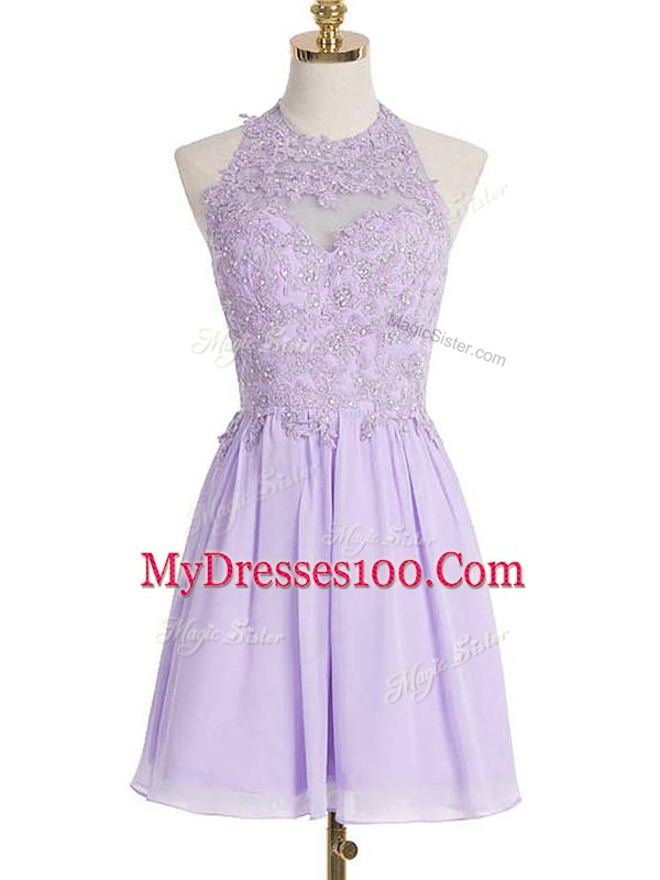 Knee Length Lavender Wedding Party Dress Chiffon Sleeveless Lace