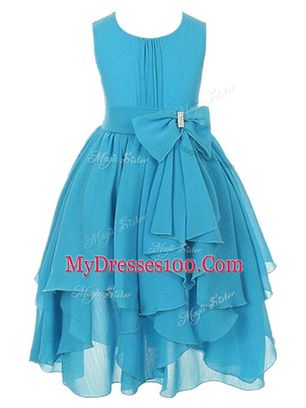 Affordable Aqua Blue Chiffon Zipper Scoop Sleeveless Asymmetrical Flower Girl Dresses Ruffles and Bowknot