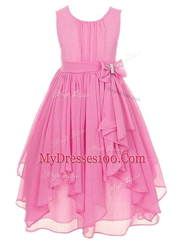 Affordable Aqua Blue Chiffon Zipper Scoop Sleeveless Asymmetrical Flower Girl Dresses Ruffles and Bowknot