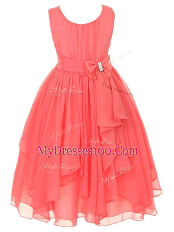 Affordable Aqua Blue Chiffon Zipper Scoop Sleeveless Asymmetrical Flower Girl Dresses Ruffles and Bowknot