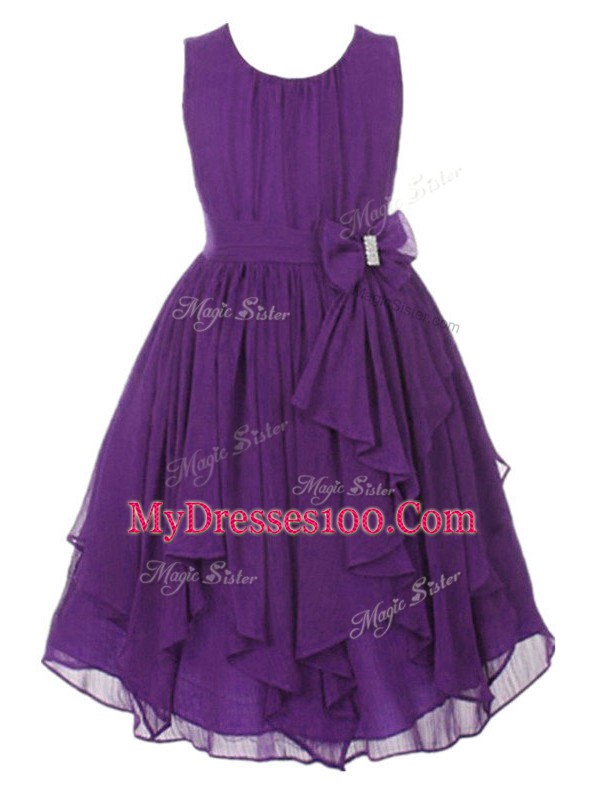 Affordable Aqua Blue Chiffon Zipper Scoop Sleeveless Asymmetrical Flower Girl Dresses Ruffles and Bowknot
