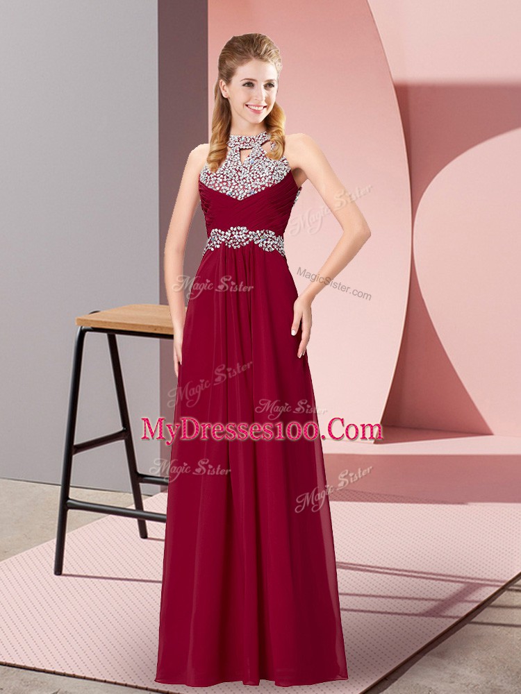 Chiffon Sleeveless Floor Length Prom Dress and Beading and Ruching