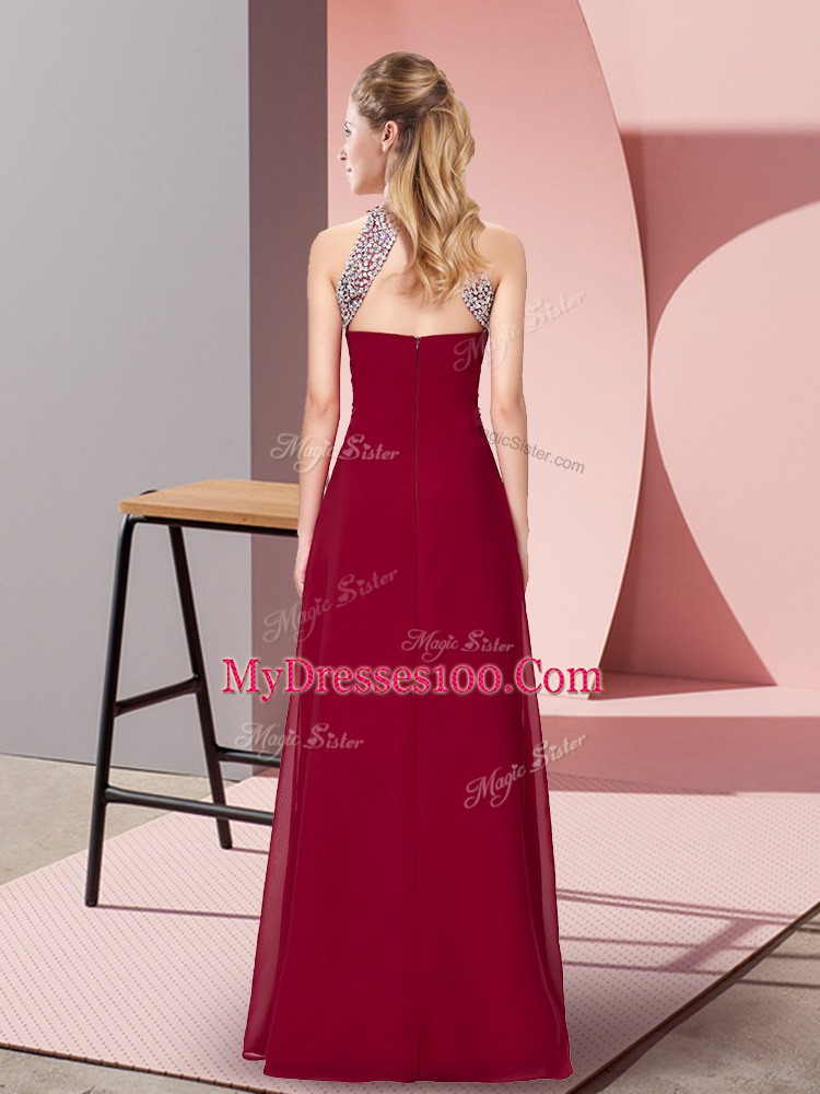 Chiffon Sleeveless Floor Length Prom Dress and Beading and Ruching