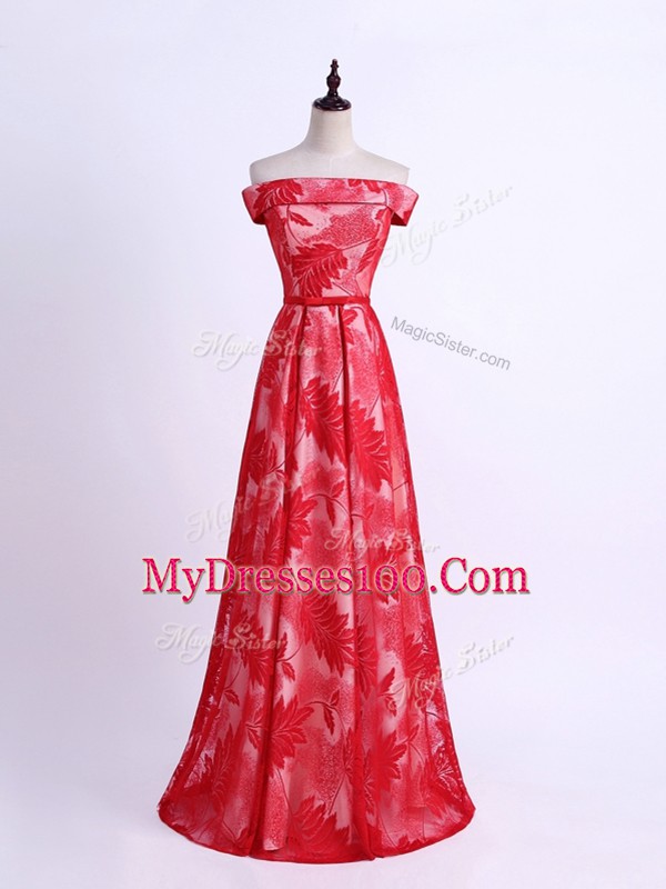 Chic Red Empire Off The Shoulder Sleeveless Printed Floor Length Lace Up Pattern Dama Dress