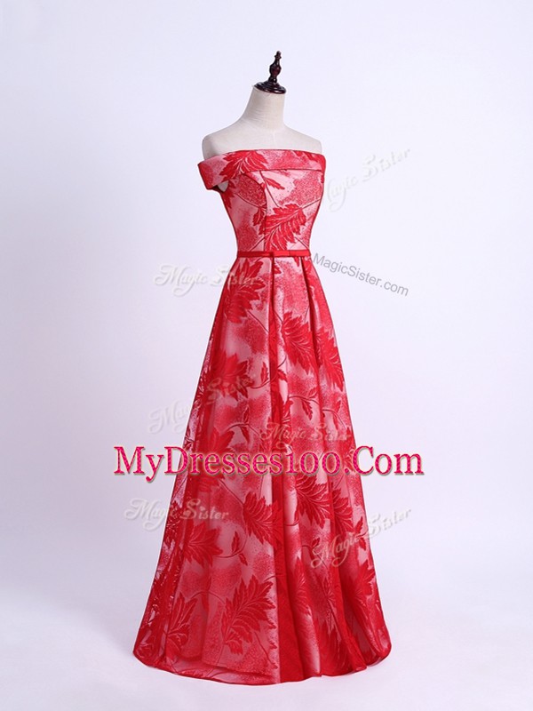 Chic Red Empire Off The Shoulder Sleeveless Printed Floor Length Lace Up Pattern Dama Dress
