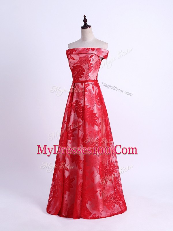 Chic Red Empire Off The Shoulder Sleeveless Printed Floor Length Lace Up Pattern Dama Dress