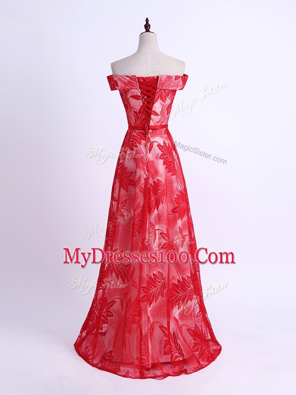 Chic Red Empire Off The Shoulder Sleeveless Printed Floor Length Lace Up Pattern Dama Dress