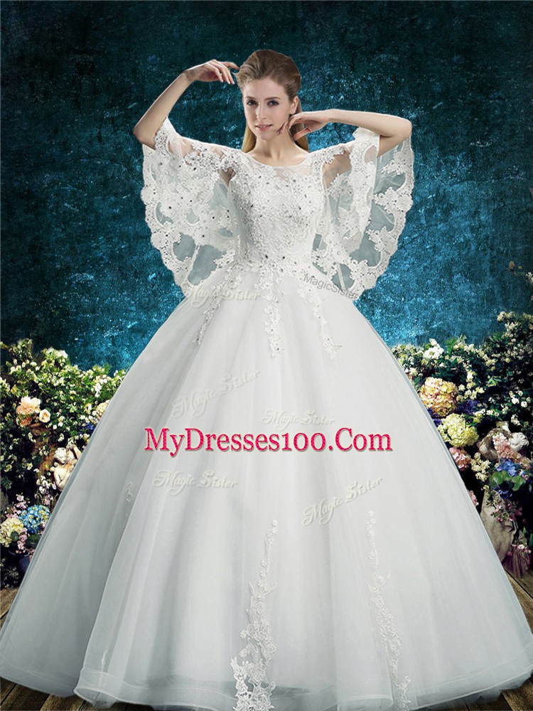 Flare White Half Sleeves Floor Length Lace Lace Up Bridal Gown