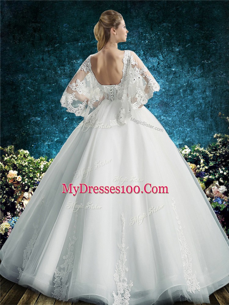 Flare White Half Sleeves Floor Length Lace Lace Up Bridal Gown