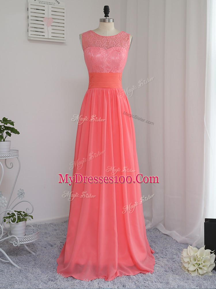 Lace Bridesmaid Dresses Watermelon Red Zipper Sleeveless Floor Length