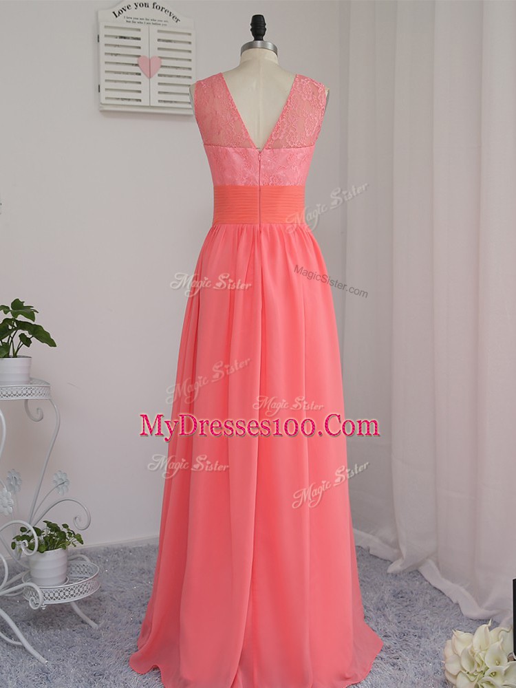 Lace Bridesmaid Dresses Watermelon Red Zipper Sleeveless Floor Length