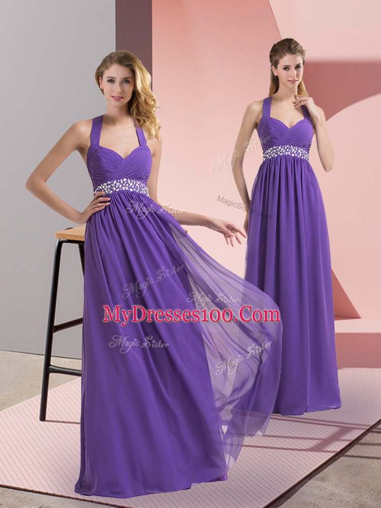 Pretty Sleeveless Chiffon Floor Length Side Zipper Prom Dresses in Purple with Beading and Ruching