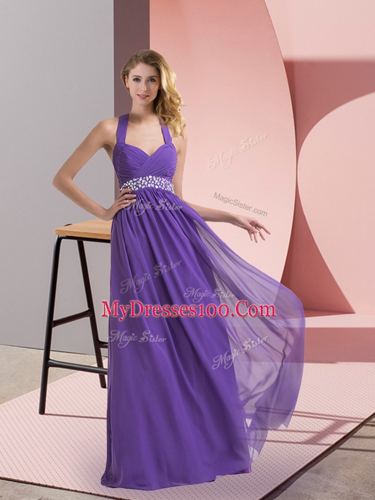 Pretty Sleeveless Chiffon Floor Length Side Zipper Prom Dresses in Purple with Beading and Ruching