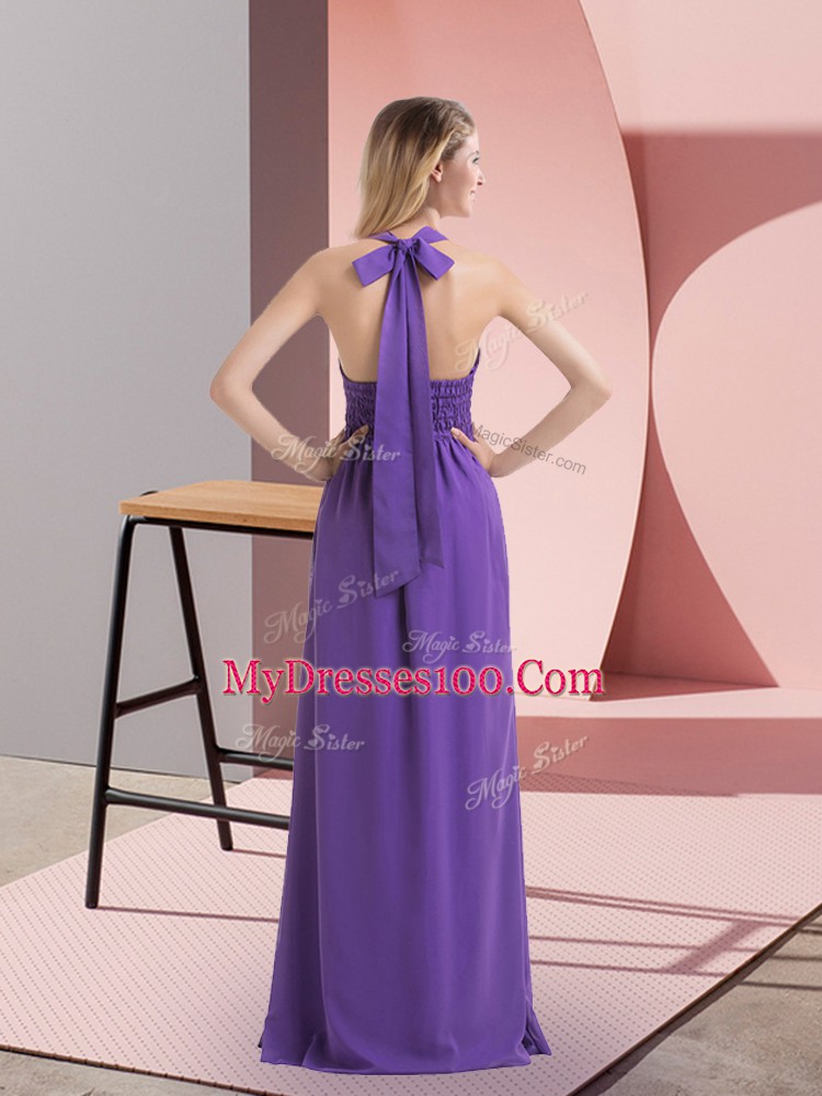 Pretty Sleeveless Chiffon Floor Length Side Zipper Prom Dresses in Purple with Beading and Ruching