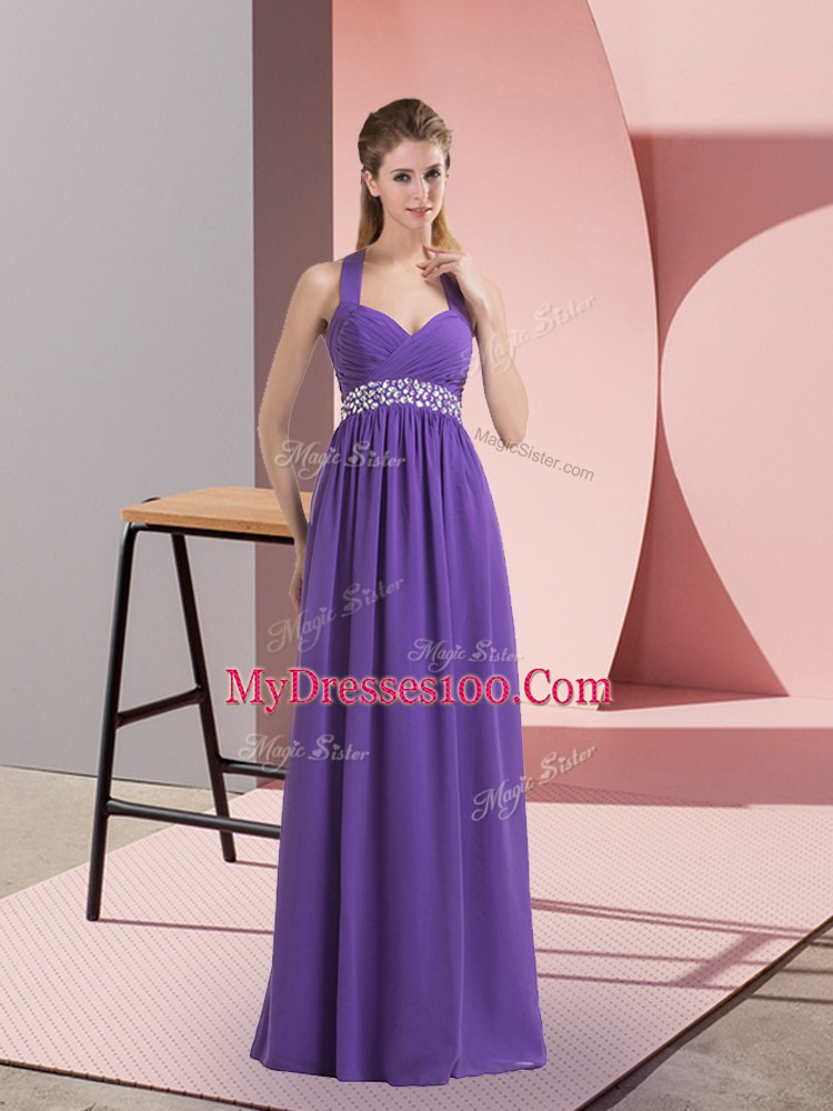 Pretty Sleeveless Chiffon Floor Length Side Zipper Prom Dresses in Purple with Beading and Ruching
