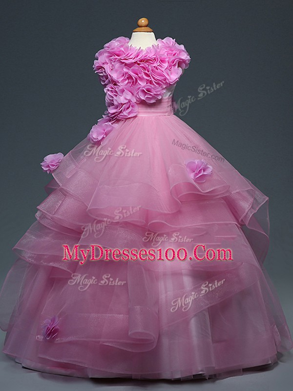 Lilac Ball Gowns High-neck Sleeveless Tulle Floor Length Lace Up Ruffles and Hand Made Flower Kids Formal Wear
