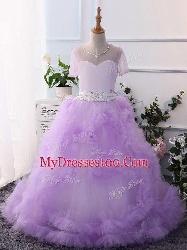Wonderful Short Sleeves Floor Length Beading Clasp Handle Little Girls Pageant Dress Wholesale with Lavender