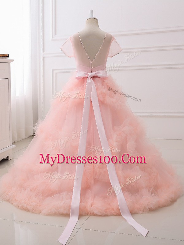 Wonderful Short Sleeves Floor Length Beading Clasp Handle Little Girls Pageant Dress Wholesale with Lavender