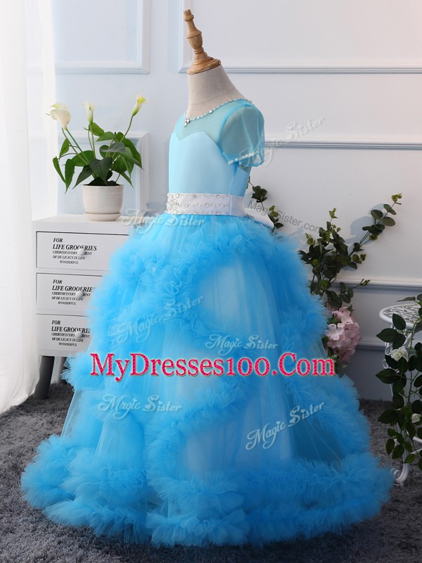 Wonderful Short Sleeves Floor Length Beading Clasp Handle Little Girls Pageant Dress Wholesale with Lavender