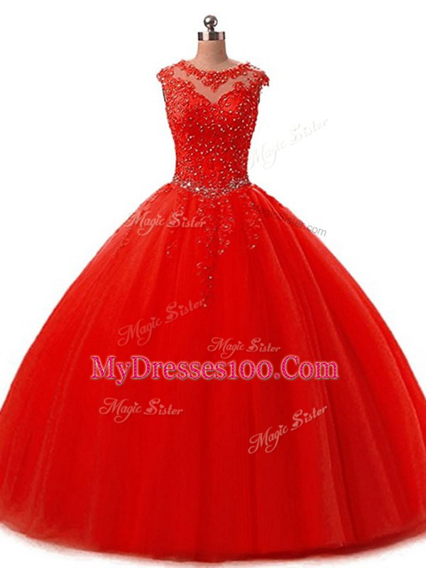 Floor Length Red Quinceanera Dress Scoop Sleeveless Lace Up