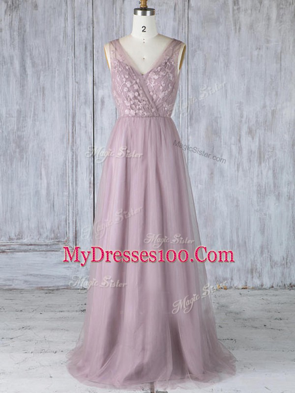 Lavender Criss Cross Bridesmaid Dresses Appliques Sleeveless Floor Length