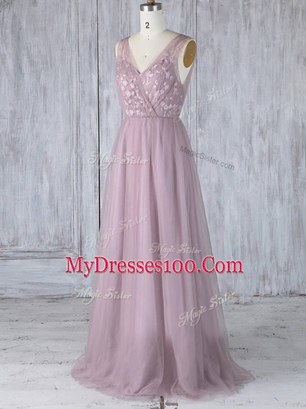 Lavender Criss Cross Bridesmaid Dresses Appliques Sleeveless Floor Length