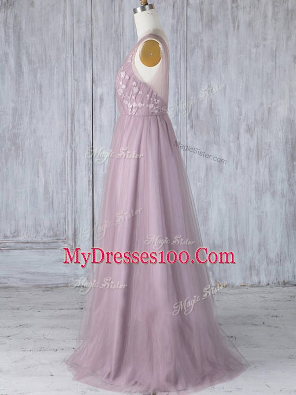 Lavender Criss Cross Bridesmaid Dresses Appliques Sleeveless Floor Length