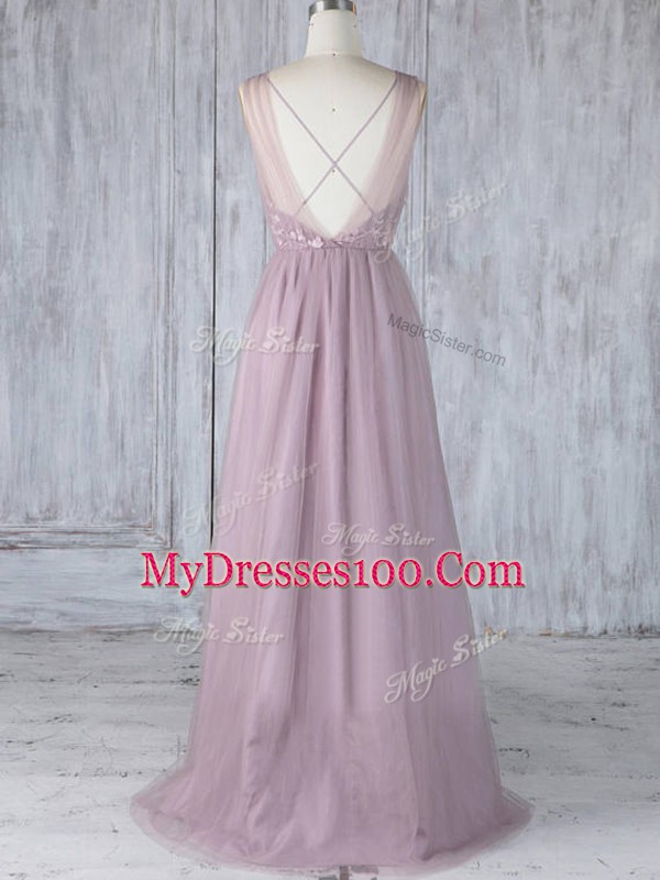 Lavender Criss Cross Bridesmaid Dresses Appliques Sleeveless Floor Length
