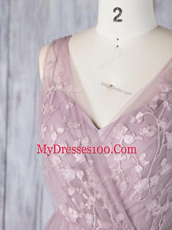 Lavender Criss Cross Bridesmaid Dresses Appliques Sleeveless Floor Length