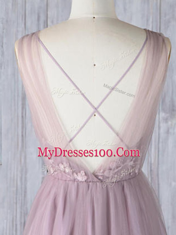 Lavender Criss Cross Bridesmaid Dresses Appliques Sleeveless Floor Length