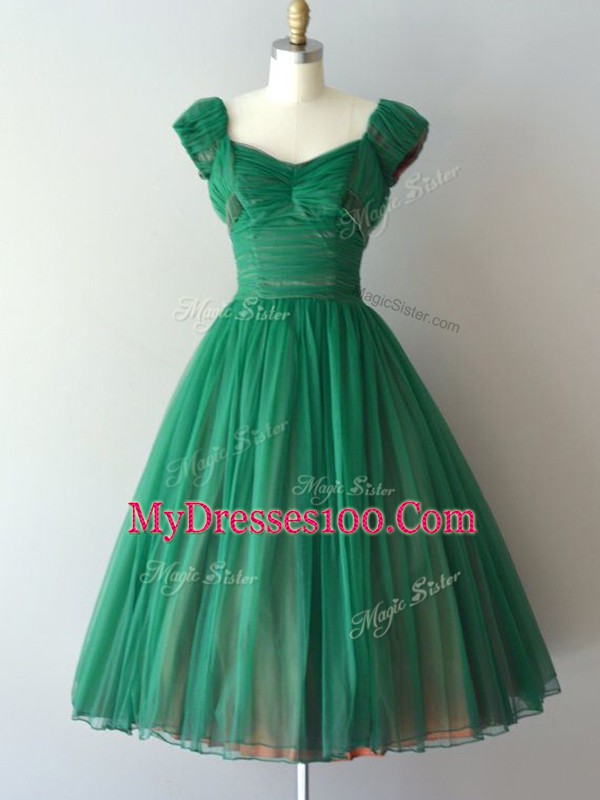 Green A-line V-neck Cap Sleeves Chiffon Knee Length Lace Up Ruching Wedding Guest Dresses