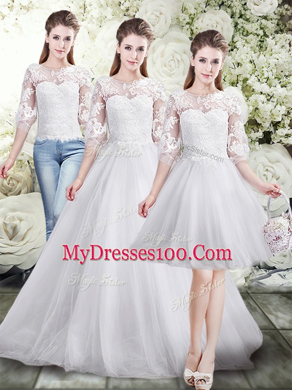 White Lace Up Wedding Gown Lace Half Sleeves Floor Length