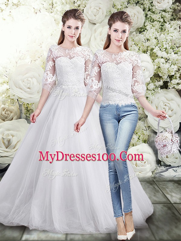 White Lace Up Wedding Gown Lace Half Sleeves Floor Length