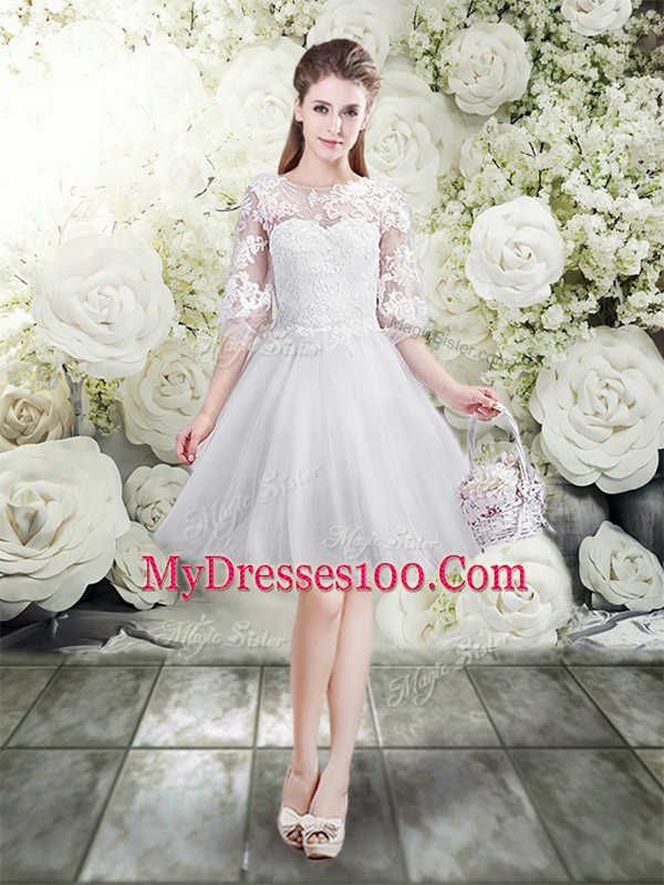 White Lace Up Wedding Gown Lace Half Sleeves Floor Length