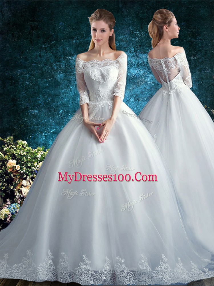 Beauteous White Ball Gowns Off The Shoulder Half Sleeves Tulle Court Train Clasp Handle Lace Quince Ball Gowns