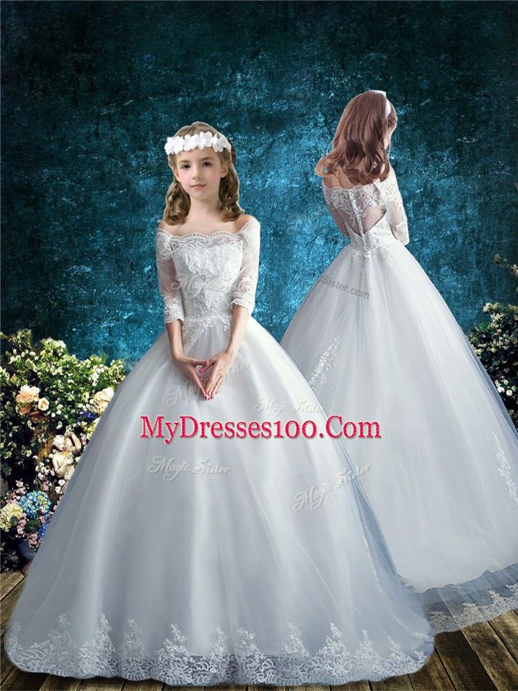 Beauteous White Ball Gowns Off The Shoulder Half Sleeves Tulle Court Train Clasp Handle Lace Quince Ball Gowns