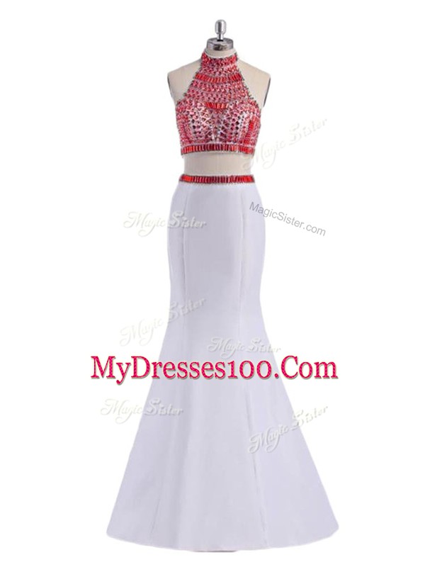 White Two Pieces Satin Halter Top Sleeveless Beading Floor Length Criss Cross Dress for Prom