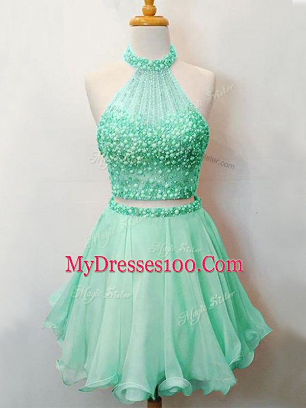 Beading Bridesmaid Dresses Apple Green Lace Up Sleeveless Knee Length