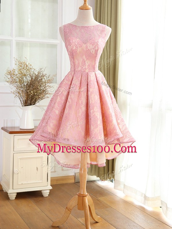 Top Selling Pink Backless Bateau Lace and Appliques Prom Gown Lace Sleeveless