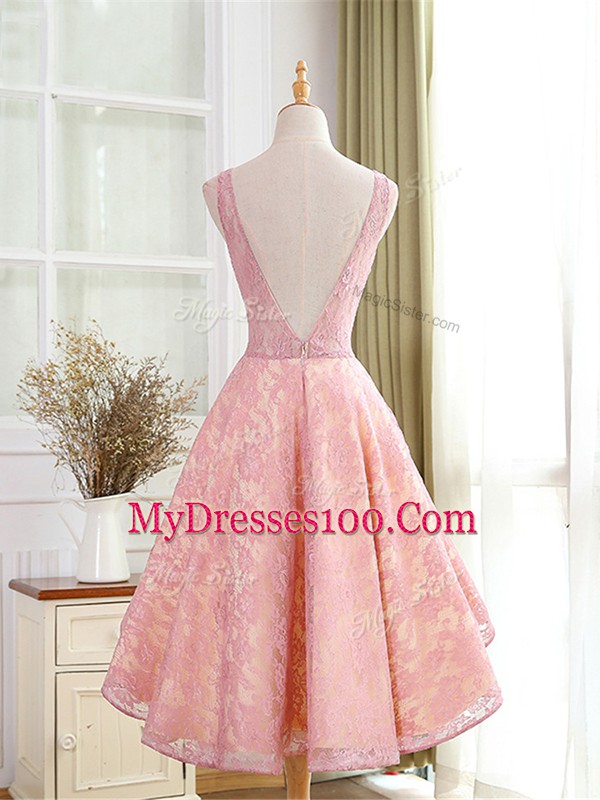 Top Selling Pink Backless Bateau Lace and Appliques Prom Gown Lace Sleeveless