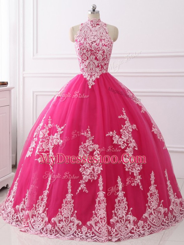 Vintage Sleeveless Floor Length Lace Zipper Sweet 16 Dresses with Hot Pink