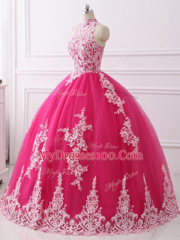 Vintage Sleeveless Floor Length Lace Zipper Sweet 16 Dresses with Hot Pink