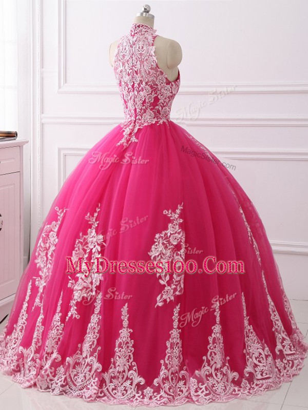 Vintage Sleeveless Floor Length Lace Zipper Sweet 16 Dresses with Hot Pink